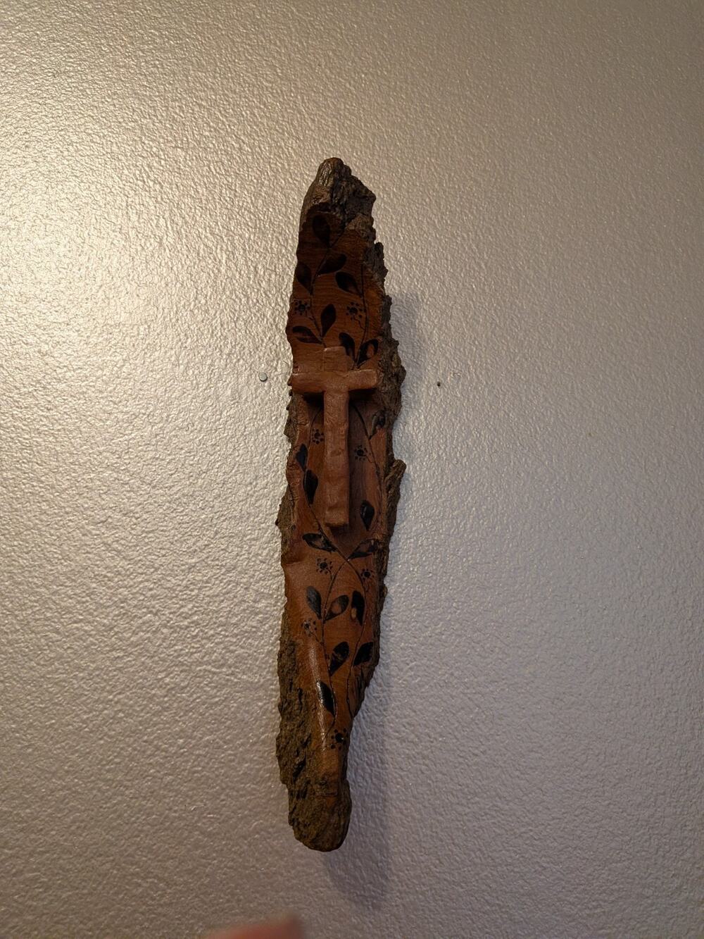 OOAK Hand Carved Tree Bark Cross Wall Art Signed Hutler 2011 Rustic Folk Art 11"